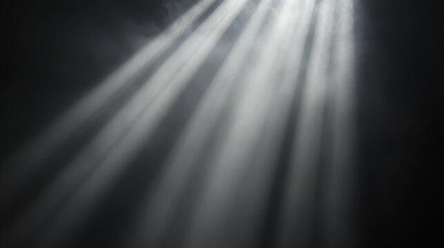 God rays streaming down through atmospheric haze, illuminated dancing particles, concentrated beam with soft edge diffusion, dramatic contrast against black void
