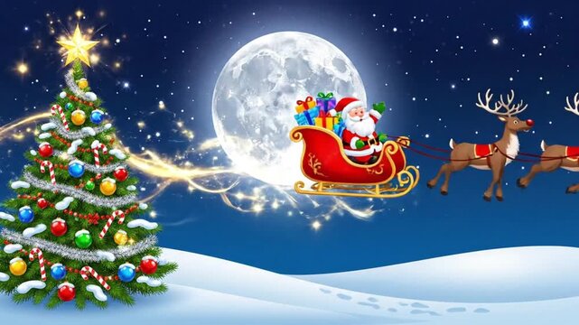 Animated cartoon style Santa Sleigh Soaring Over Snowy Pines Magical Christmas Sleigh Glide with Moonlit Trees 