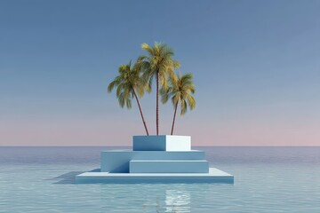 Pixelated Trees on Geometric Structure Floating in Calm Water against Clear Sky