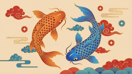 Obraz premium Orange and blue koi fish with clouds and waves