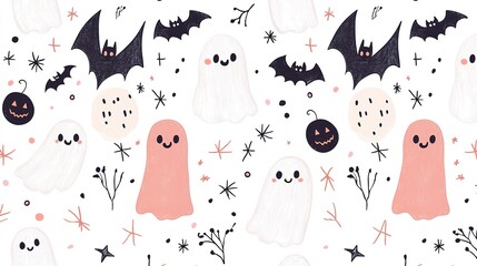 A playful Halloween-themed pattern featuring cute ghosts, bats, pumpkins, and whimsical elements on a light background.