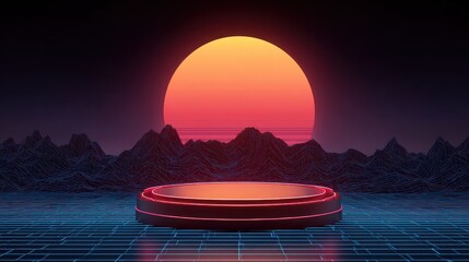 Retro 80s Sunset Over Pixelated Mountains With Neon Podium And Grid Floor