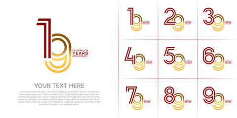 Anniversary set design with double line number. red and gold color for celebration event