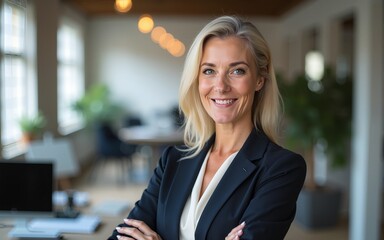 Happy elegant older mature lady posing for portrait standing in office. Beautiful middle aged business woman looking at camera, smiling 45 years old businesswoman leader executive at work.