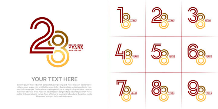 Anniversary set design with double line number. red and gold color for celebration event
