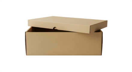 A simple brown cardboard box with its lid slightly ajar isolated on transparent background