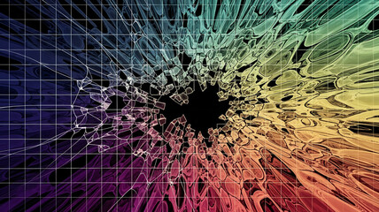 Broken Glass Grid Background - Digital Glitch and Colorful Abstract Explosion