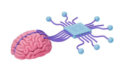 Human Brain Connected to Microchip Processor in Futuristic Neon Lighting on White Background for Artificial Intelligence