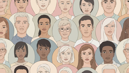 Diverse Group of People Illustration with Varied Ages and Ethnicities.
