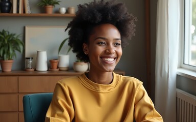 happy young african american young woman sitting in her chair smiling. AI Generative. High quality