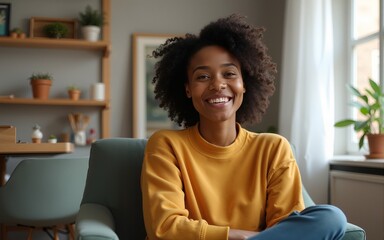 happy young african american young woman sitting in her chair smiling. AI Generative. High quality