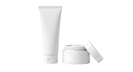 Two white cosmetic containers a tube and a jar with open lid isolated on transparent background