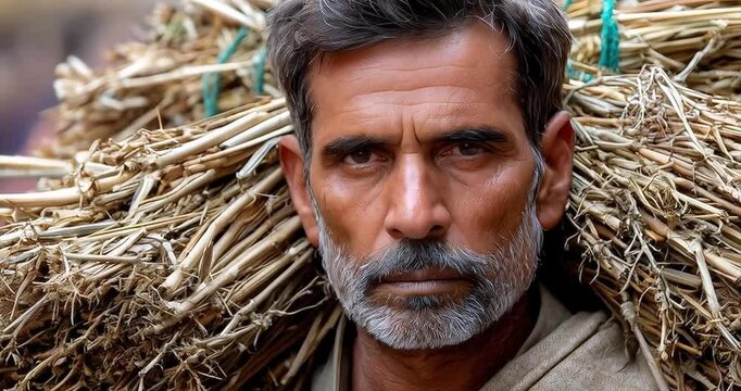 Man carrying bundle of dried vegetation portrait close up