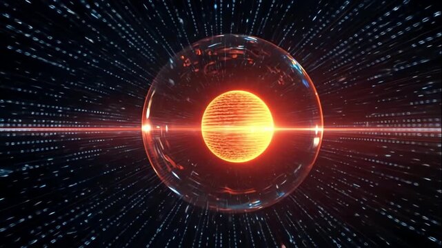 Glowing energy encased in energy sphere, surrounded by streaming particles and digital trails, cinematic perspective conveys motion, fusion core motif for space exploration, sci‑fi and futuristic