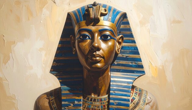 Ancient Egyptian pharaoh with blue-gold nemes and cobra emblem, symbol of power and legacy, editorial style with surreal historical-icon ambient energy.