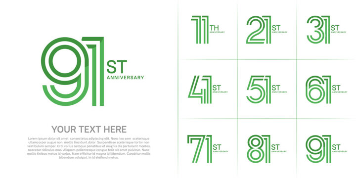 Anniversary set design with double line number. green color for celebration event
