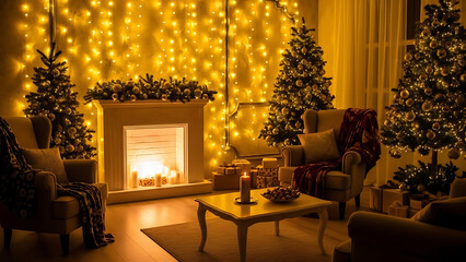 Cozy christmas living room with a roaring fireplace and decorated trees bathed in warm fairy lights