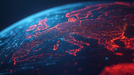 A digital representation of Europe, highlighted with vibrant red and blue lights, showcasing a network of connections across the continent.