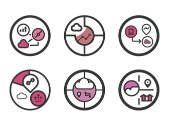 Pink and gray vector icons representing business concepts and data management solutions
