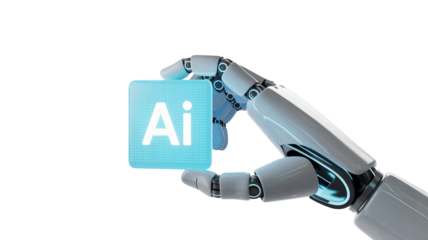 Robot Hand Holding Adobe Illustrator Logo in Futuristic Design with Soft Blue Lighting on White Background for Technology Advertising