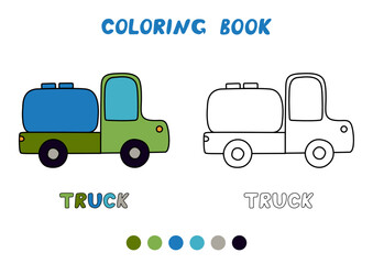 Coloring book with tank truck. Simple task for children - color according to the sample