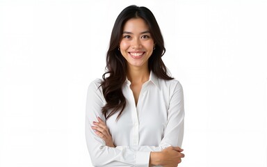 Cheerful brunette business woman student in white button up shirt, smiling confident and cheerful with arms folded, isolated on a white background. High quality