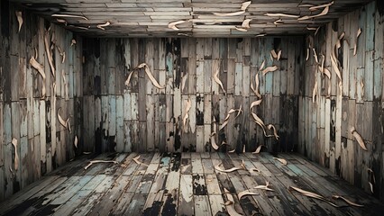 Empty square room with old rotten wood texture in many colors, burn marks, scuff marks, peeling marks