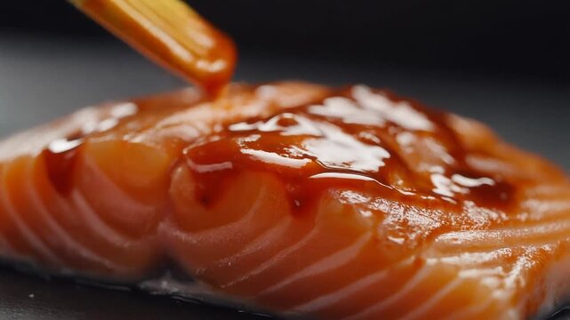 Pouring a delicious savory sauce over a fresh raw salmon fillet for cooking