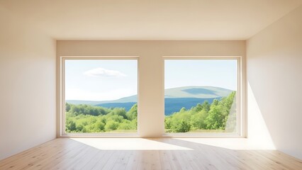 Fototapeta premium Empty square room with Bright and Airy Room With Large Windows Overlooking Serene Green Landscape and Natural Light Streaming In