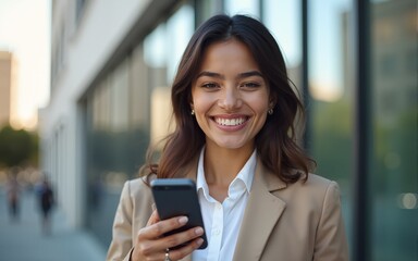 Young hispanic business woman wearing professional look smiling confident at the city using smartphone. High quality