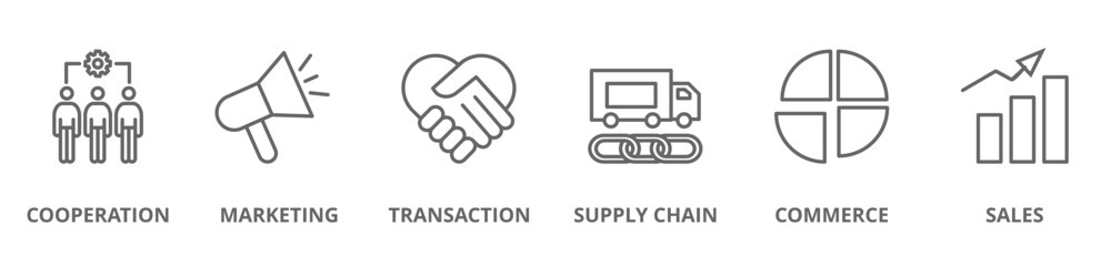 B2B concept banner icon contain of cooperation, marketing, transaction, supply chain, commerce, and sales vector illustration