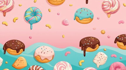 A colorful, playful pattern featuring various donuts and candies against a pink background, creating a fun and whimsical dessert theme.