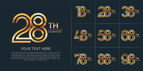 Anniversary logo set with double line number style. gold color can be use for special moment