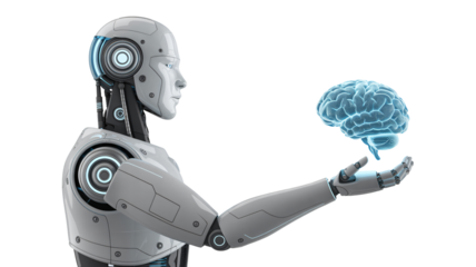Robot holding blue brain in futuristic style with soft blue lighting on isolated white background for technology