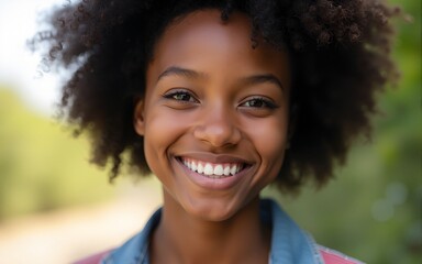 Portrait of a beautiful african woman smiling. Young black female in casual looking at camera with. Cheerful girl with afro hair outdoors. High quality