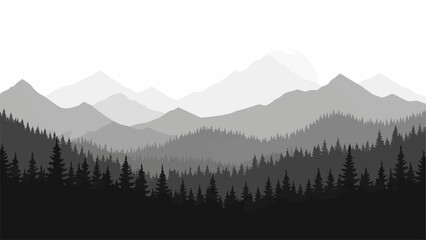 Monochromatic Mountain Range Silhouette with Dense Evergreen Forest.