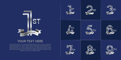 Anniversary logo set with double line number style. silver color with silver ribbon can be use for special moment