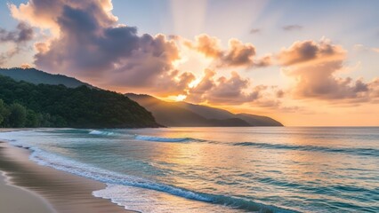 Golden sunbeams pierce through dramatic clouds over a tropical beach, ocean waves, and verdant mountains