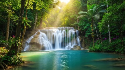 Fototapeta premium Sunlit, multi-tiered jungle waterfall cascades into a serene turquoise pool surrounded by lush foliage