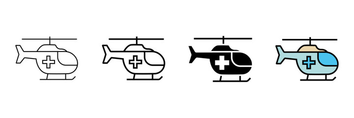 Set of minimalist medical helicopter icons with transparent background, depicting air ambulance, emergency transport, and rescue services, vector illustration  © MdSumon