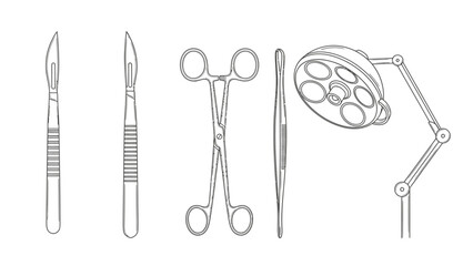 A collection of surgical instruments and a surgical lamp, presented in a line drawing style.
