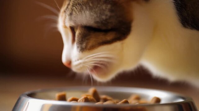 Close-up of a domestic cat enjoying a meal of dry kibble from a metal bowl