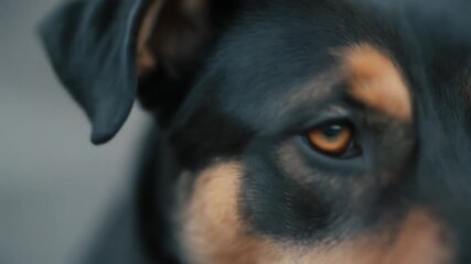 Close-up of a vigilant dark-coated dog's amber eye, reflecting loyalty and gentle watchfulness