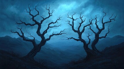 A surreal, dark landscape featuring twisted, leafless trees against a moody blue sky, conveying a sense of mystery and desolation.