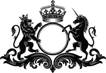 Elegant royal crest vector with crowned lion and unicorn heraldic supporters, ornate vintage emblem frame, classic coat of arms decorative illustration for branding © SREECHNA