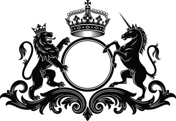 Elegant royal crest featuring crowned lion and unicorn heraldic symbols with ornate decorative frame and crown, detailed vintage vector illustration for luxury branding © SREECHNA