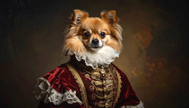 Pomeranian in royal red velvet attire with ornate ruffled collar, symbol of whimsy and nobility, editorial style with surreal pet-portrait aristocratic ambient energy.