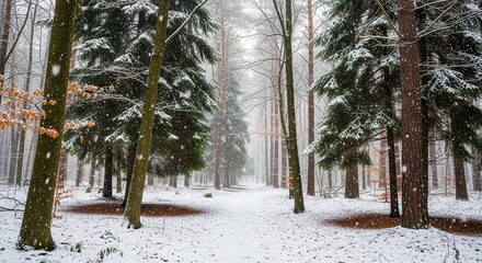 Forest pathway disappears into the wintry fog while snow gently falls among the tall trees