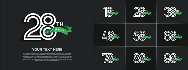 Anniversary logo set with double line number style. white color with green ribbon can be use for special moment