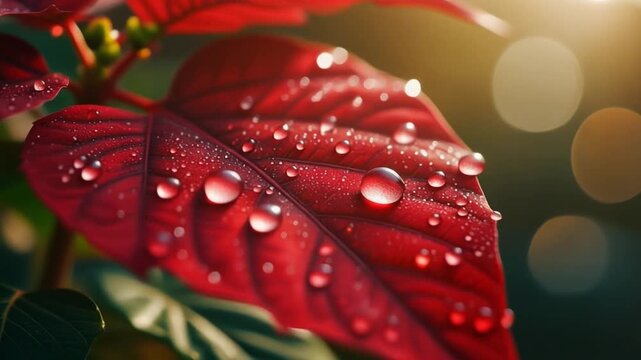 Close-up of vibrant red leaf glistening with dew drops in soft morning sunlight